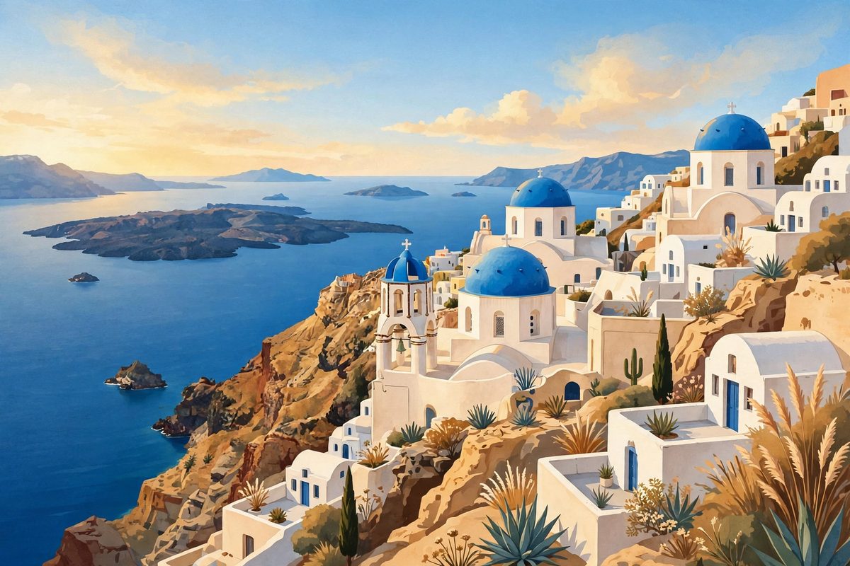 Illustration of Santorini's blue domes over the caldera